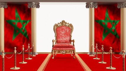 3D render of a red king throne between tow moroccan flag, morocco independence day - obrazy, fototapety, plakaty