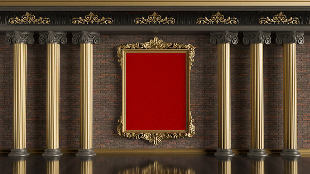 Ornate golden frame at the bricks wall, empty gold picture frame between roman columns, 3D render