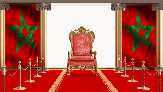3D render of a red king throne between tow moroccan flag, morocco independence day
