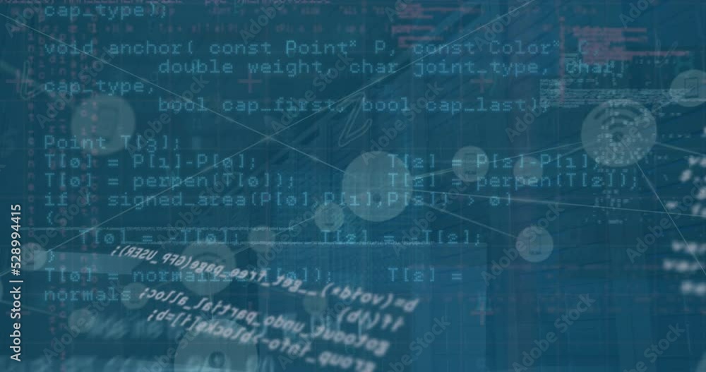 Poster animation of cyberattack warning with data processing and network of connections over server room
