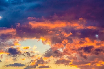 Fototapeta na wymiar Dramatic cumulus clouds on sunny day at sunset painted with sun, with some birds flying. Atmosphere multicolor background or wallpaper