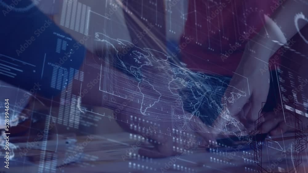 Poster animation of data processing with world map over diverse business people