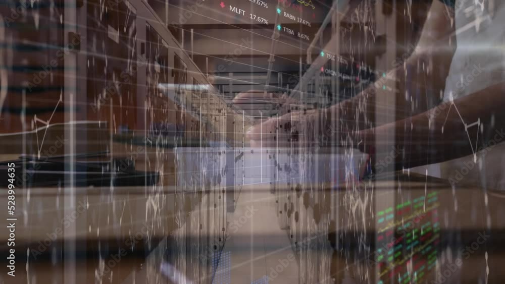 Poster animation of data processing with server room over diverse business people using tablet