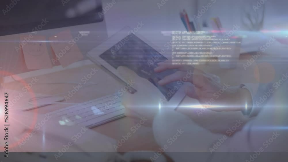 Poster animation of data processing with light trails over caucasian businessman using tablet