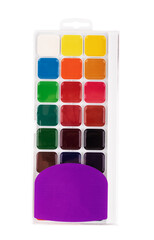 Fototapeta premium Top view of paintbrushes, colorful pants and markers on white table