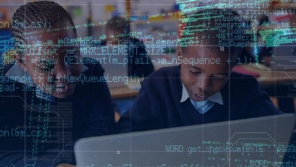 Animation of data processing over african american schoolchildren using laptop - Powered by Adobe