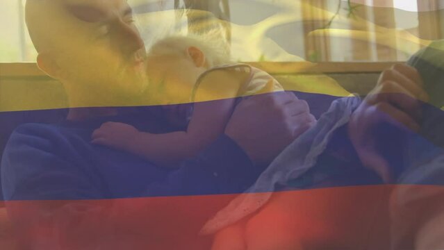 Animation of falg of colombia over caucasian family