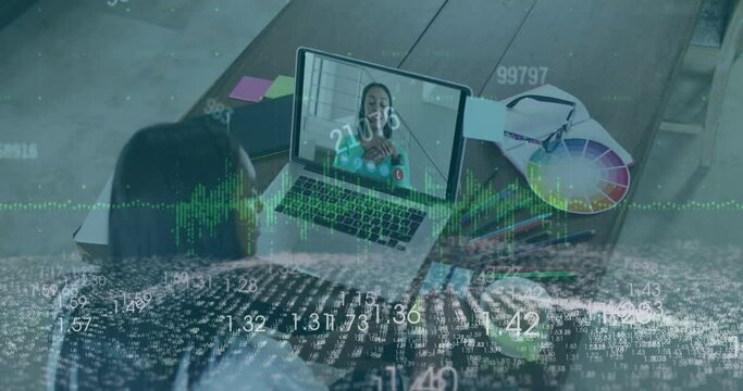 Animation of <unk> with data processing over african american businesswoman in office