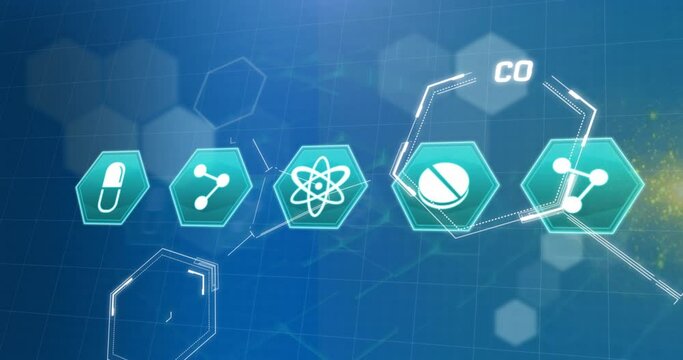 Animation of medical icons and chemical formula with data processing over blue background