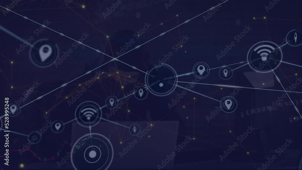 Canvas Prints Animation of network of connections with icons and data processing over caucasian hacker