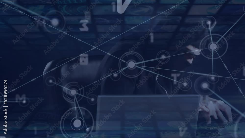 Poster animation of network of connections and data processing over caucasian hacker