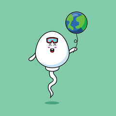 Cute cartoon sperm floating with world balloon cartoon vector illustration