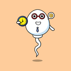 Cute cartoon sperm character holding clock with happy expression in concept flat cartoon style