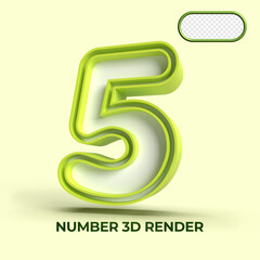 3D render number 5 green white colors for element design, kids number, cute number