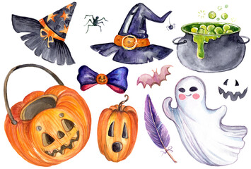 Watercolor illustration different fantasy Halloween elements set
