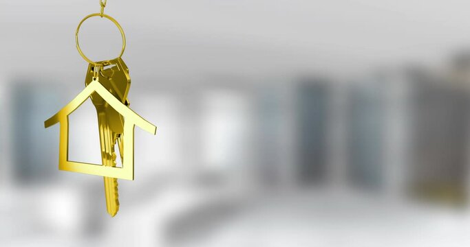 Animation of keys with house keychain over blurred background