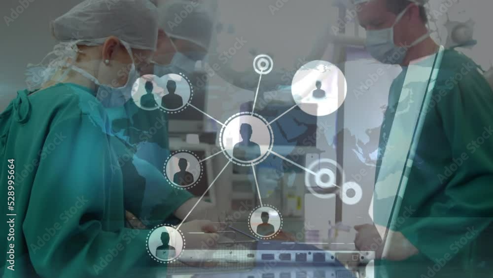 Poster animation of network of connections with icons over hands using laptop and diverse surgeons