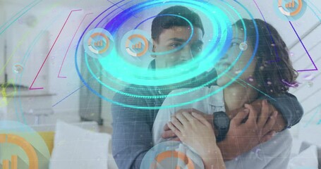 Animation of financial data processing over business people three headsets - Powered by Adobe