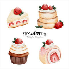 Watercolor strawberry cake, bakery vector illustration