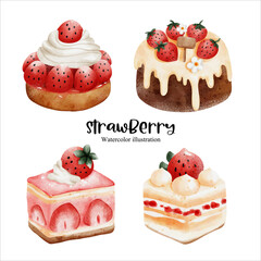 Watercolor strawberry cake, bakery vector illustration