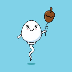 Cute cartoon sperm floating with acorn balloon cartoon vector illustration