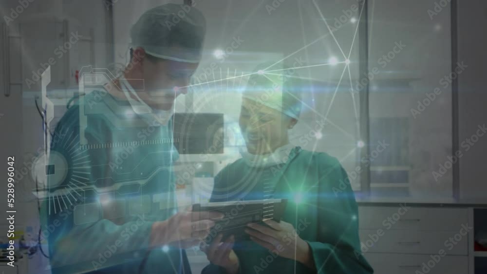 Poster animation of network of connections over caucasian surgeons using tablet