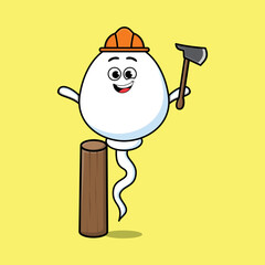 Cute cartoon sperm as carpenter character with ax and wood in flat modern style design