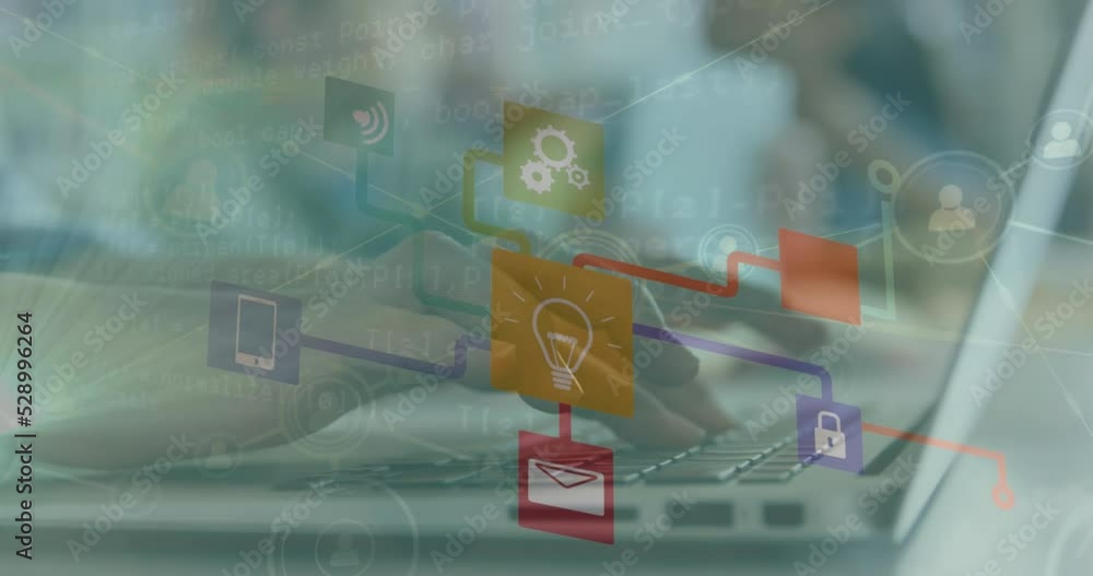 Poster animation of network of connections and data processing over hands typing on keyboard