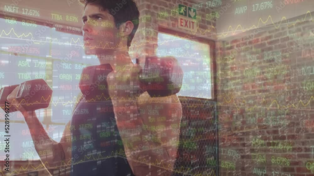 Poster animation of financial data processing over man using smartphone