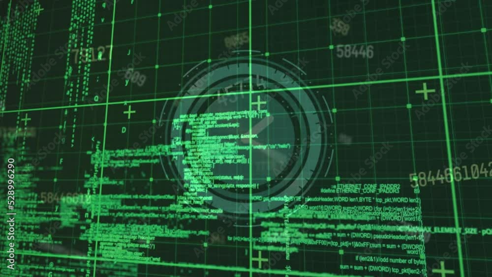 Poster animation of data processing over moving clock on black background