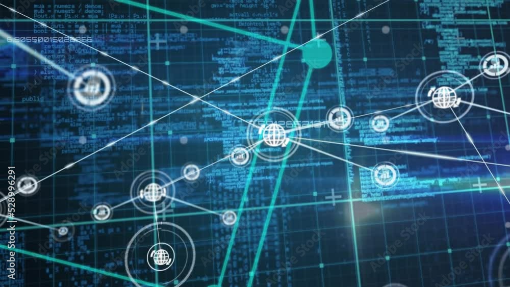 Poster animation of network of connections with icons over data processing on black background