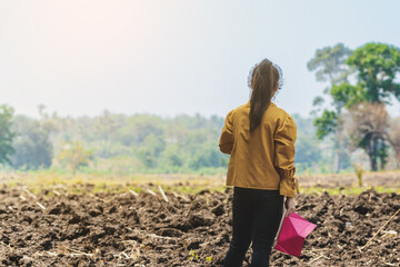 Back view of Asian young woman farmer stand alone with tablet to look soil quality for farming in soil field. Female agriculturist think and plan about cultivation in vacant land.Farm and agricultural