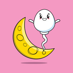 Cute cartoon Sperm character standing on the crescent moon in flat modern design