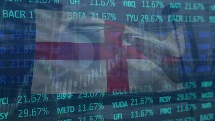 Animation of financial data processing and stock market over flag of england - Powered by Adobe