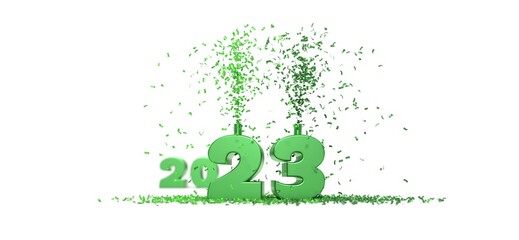 Bonne année 2023 vert avec confettis verts sur fond blanc - rendu 3D