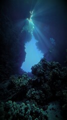 Underwater photo of beautiful light inside a cave