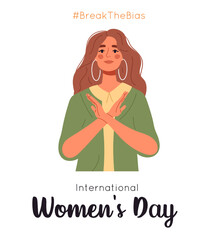 Women's international day poster. Women crossed arms. Break The Bias campaign. Flat vector illustration