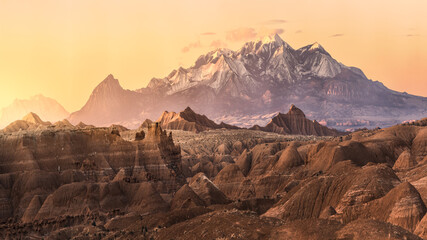 Snowy mountain behind rock formations