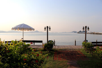 Morning view sea, house near the sea in the environmental and green location on the island. Overlooking the ocean and mountains. The endless expanse of the sea. Place for a romantic holiday.