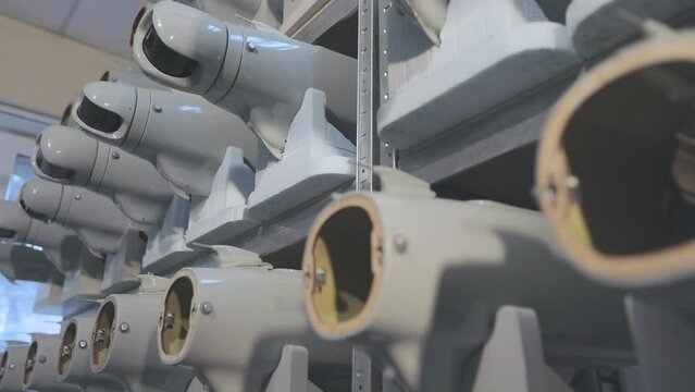Production of military UAVs. Production of drones at the factory. UAV blanks on the shelves.