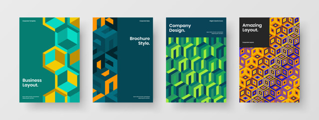 Fototapeta premium Fresh placard vector design illustration set. Amazing mosaic hexagons company cover concept bundle.