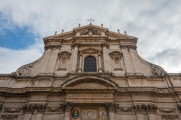 Fototapeta premium bell tower of the church and rome street architectural historical building in rome city italy with ancient stone and architecture