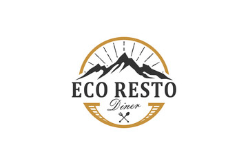 Mountain restaurant cafe logo design vintage style emblem rounded circle shape camp outdoor adventure