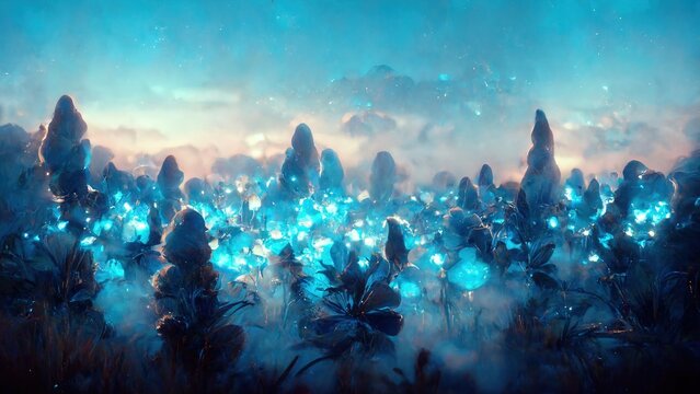 Fantasy Landscape Of A Field Full Of Blue Flowers Illustration