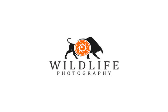Wildlife photography logo design buffalo bison silhouette icon symbol with camera lens shutter diafragma