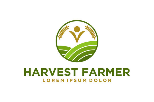 Harvest farmer farmland logo design agricultural icon symbol growing company wheat grain element