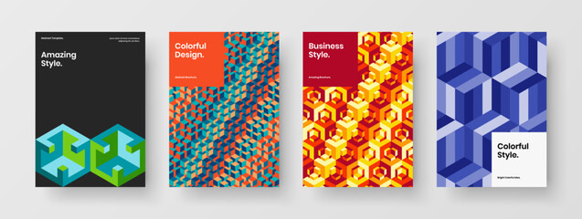 Fresh leaflet A4 vector design layout set. Colorful mosaic hexagons corporate brochure concept bundle.