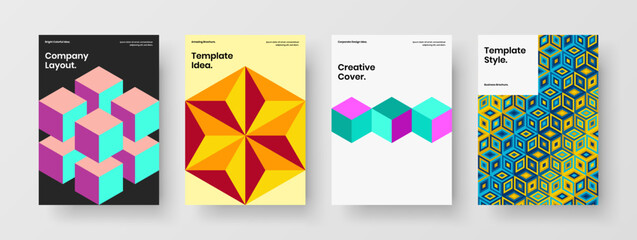 Colorful annual report A4 vector design illustration composition. Simple geometric tiles brochure concept bundle.