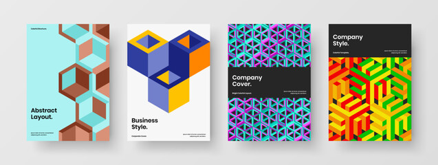 Unique geometric pattern leaflet layout bundle. Isolated pamphlet design vector template set.