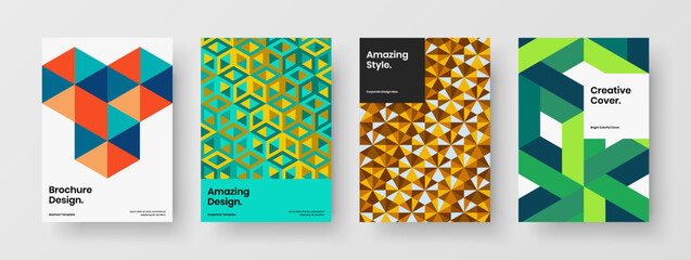 Premium booklet A4 vector design template bundle. Unique mosaic hexagons company brochure illustration composition.